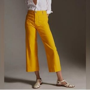 Anthropologie Maeve Mustard Yellow Colette Cropped Wide-Leg Pants 4 Linen Blend